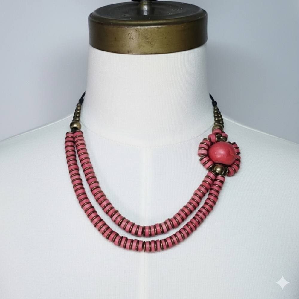 Brass & Leather 19" Artisan Beaded Necklace Pink Beaded Hook Asymmetric Floral